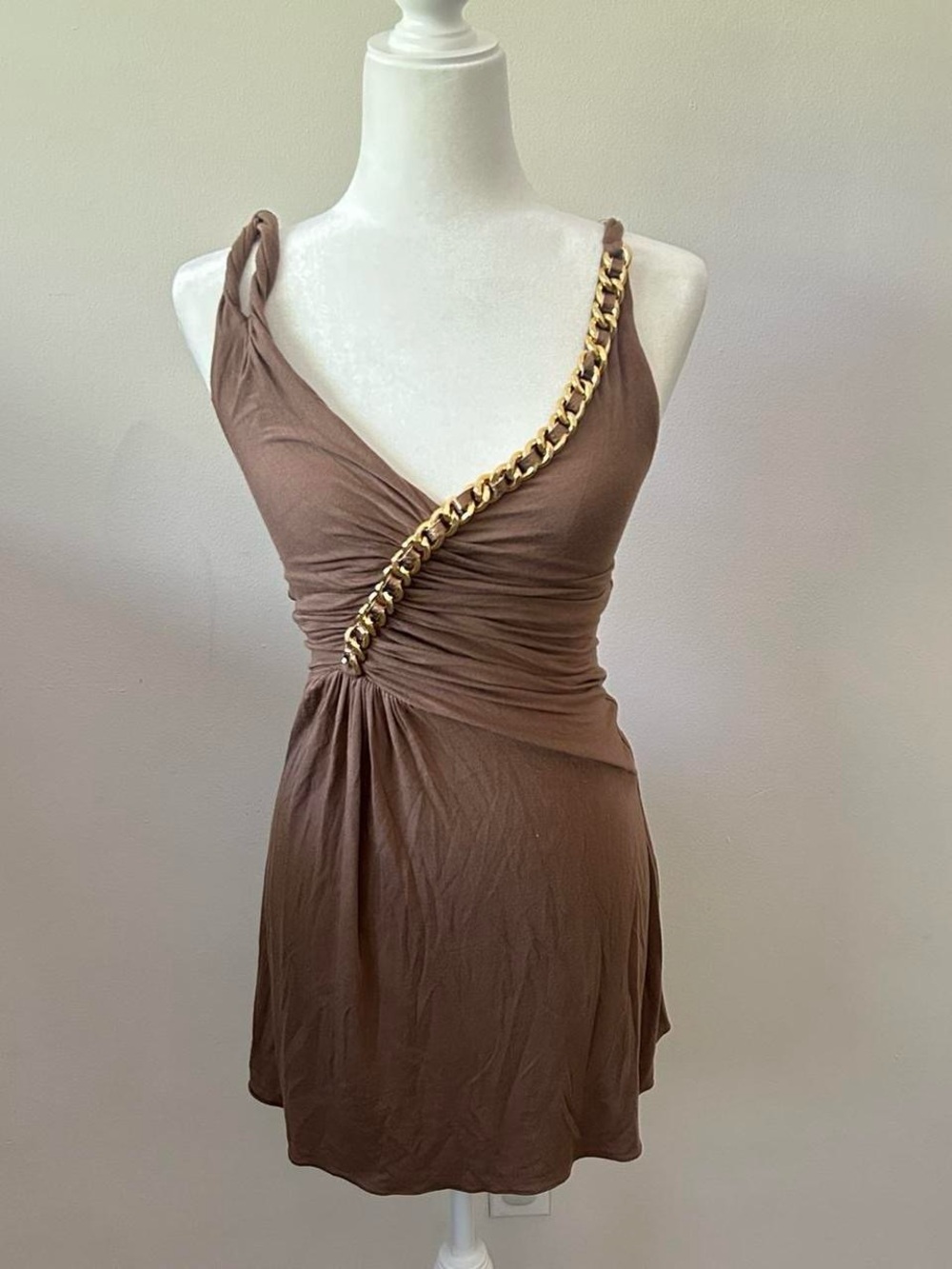 Sky Brown Mini Dress with Gold Chain Detail